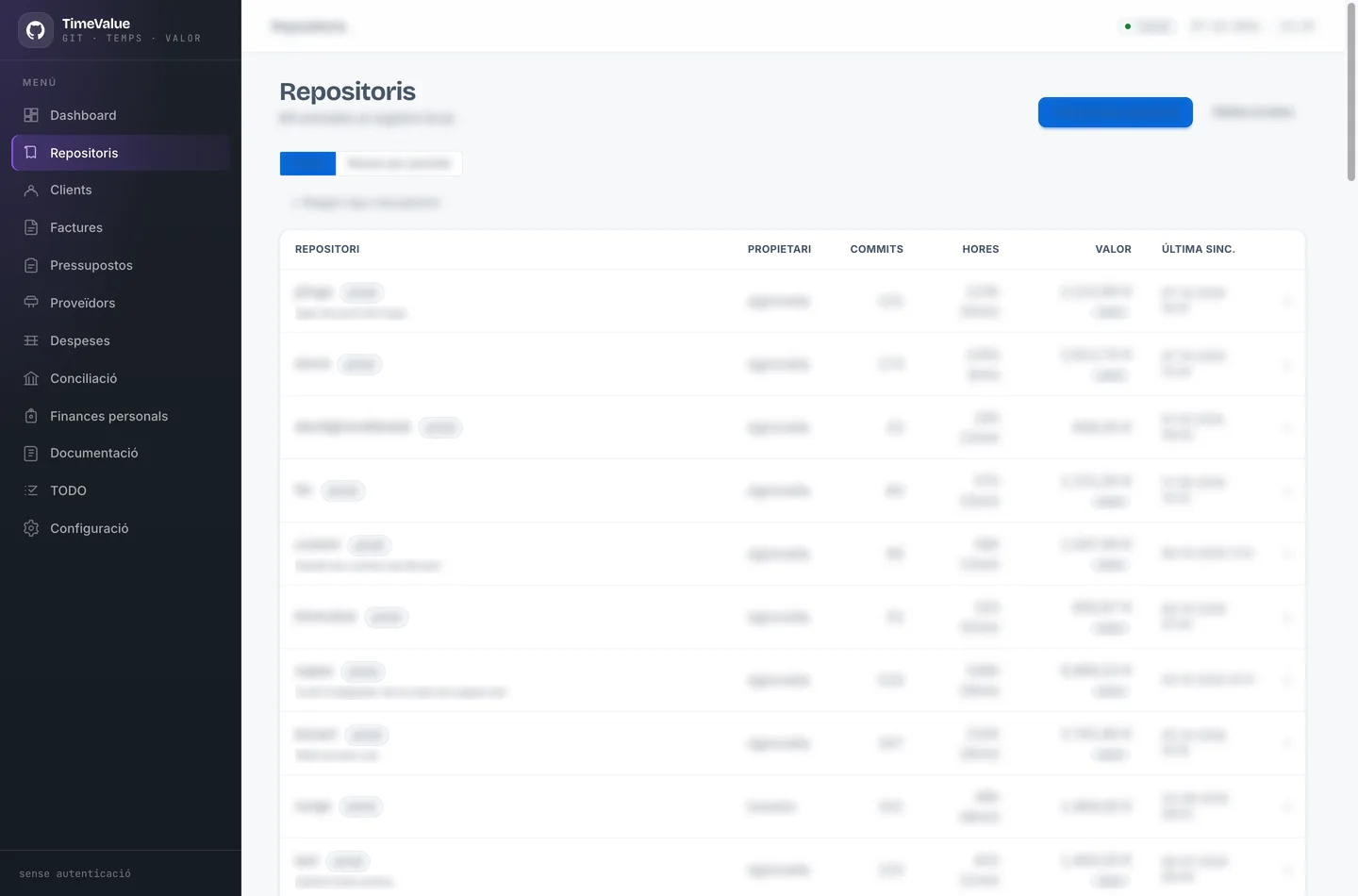 Repositoris amb els commits, les hores estimades i el valor (dades ocultades)